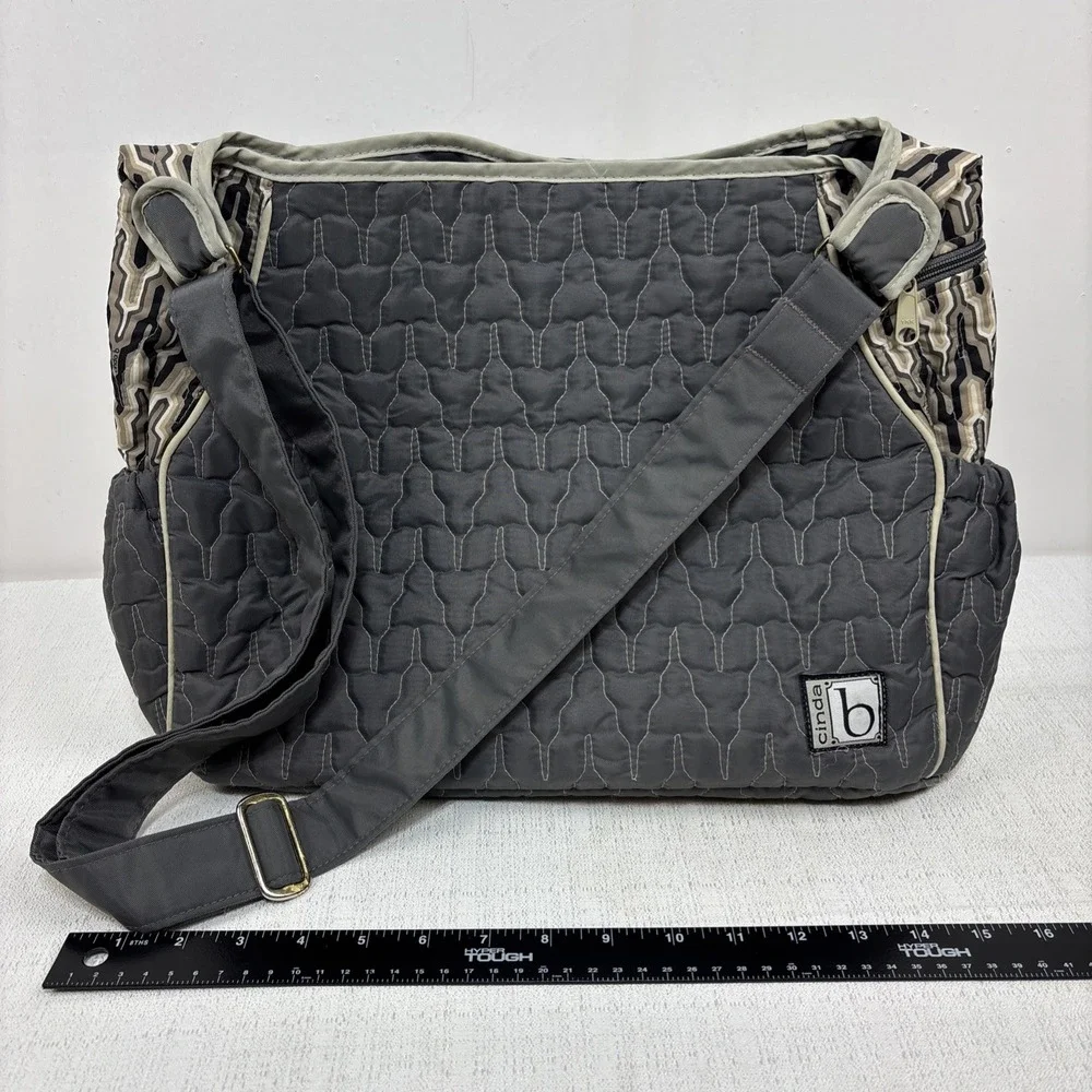 Cinda B Tote Bag Diaper Shoulder Bag Gray Quilted Adjustable Strap Snap Close‎